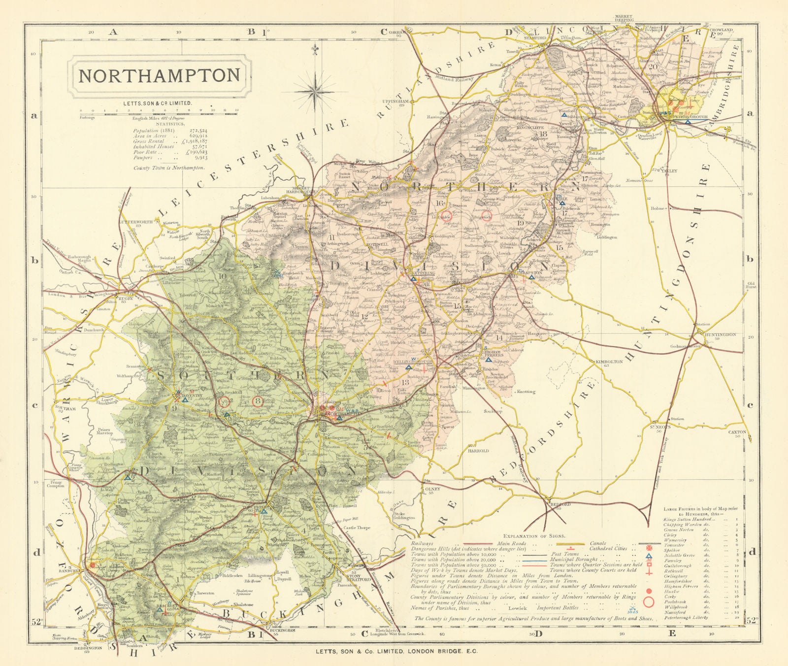 Northamptonshire county map showing Post Towns & Market Days. LETTS 1884